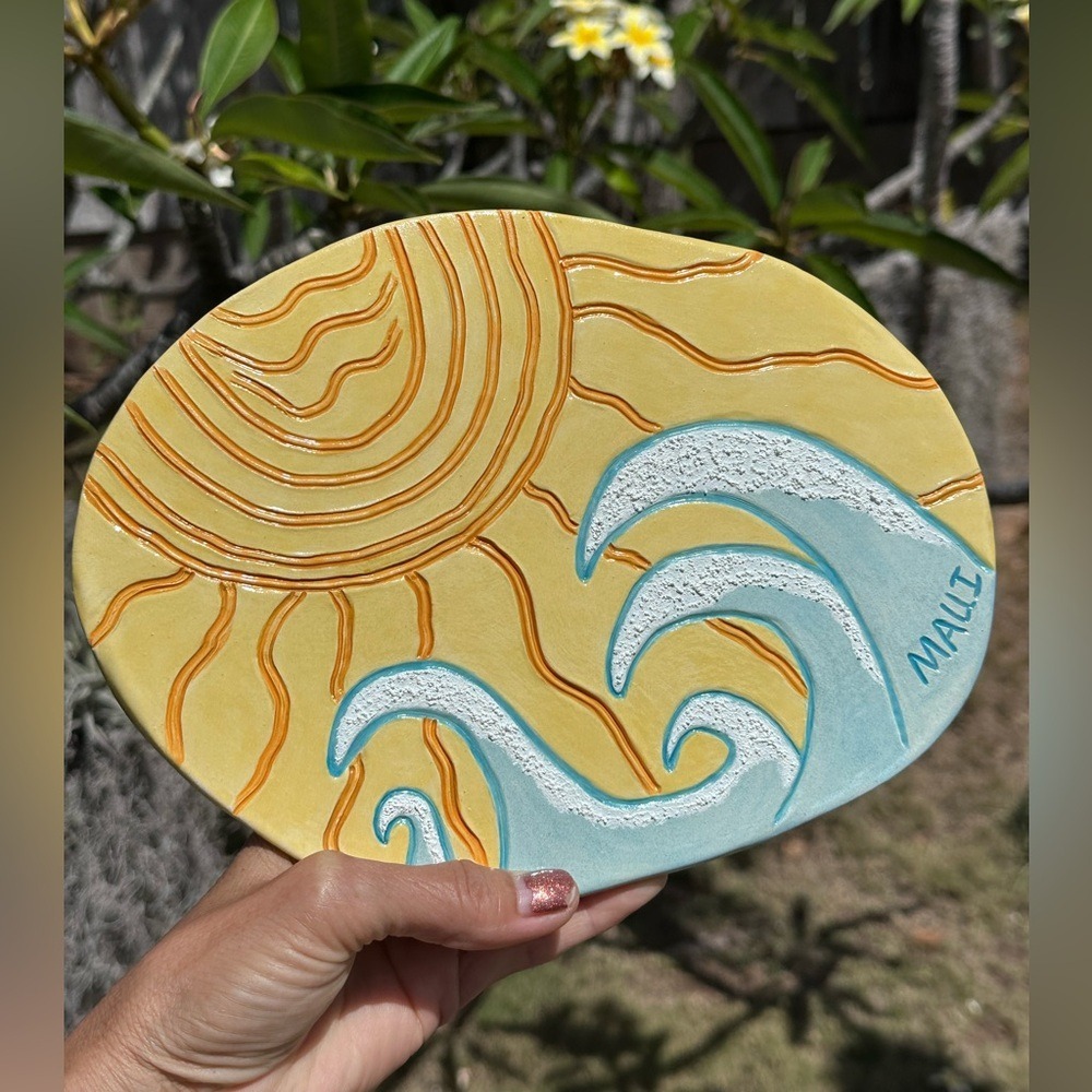 Handcrafted in Maui Yellow & Blue Ceramic Art Decor w/Wave Design
